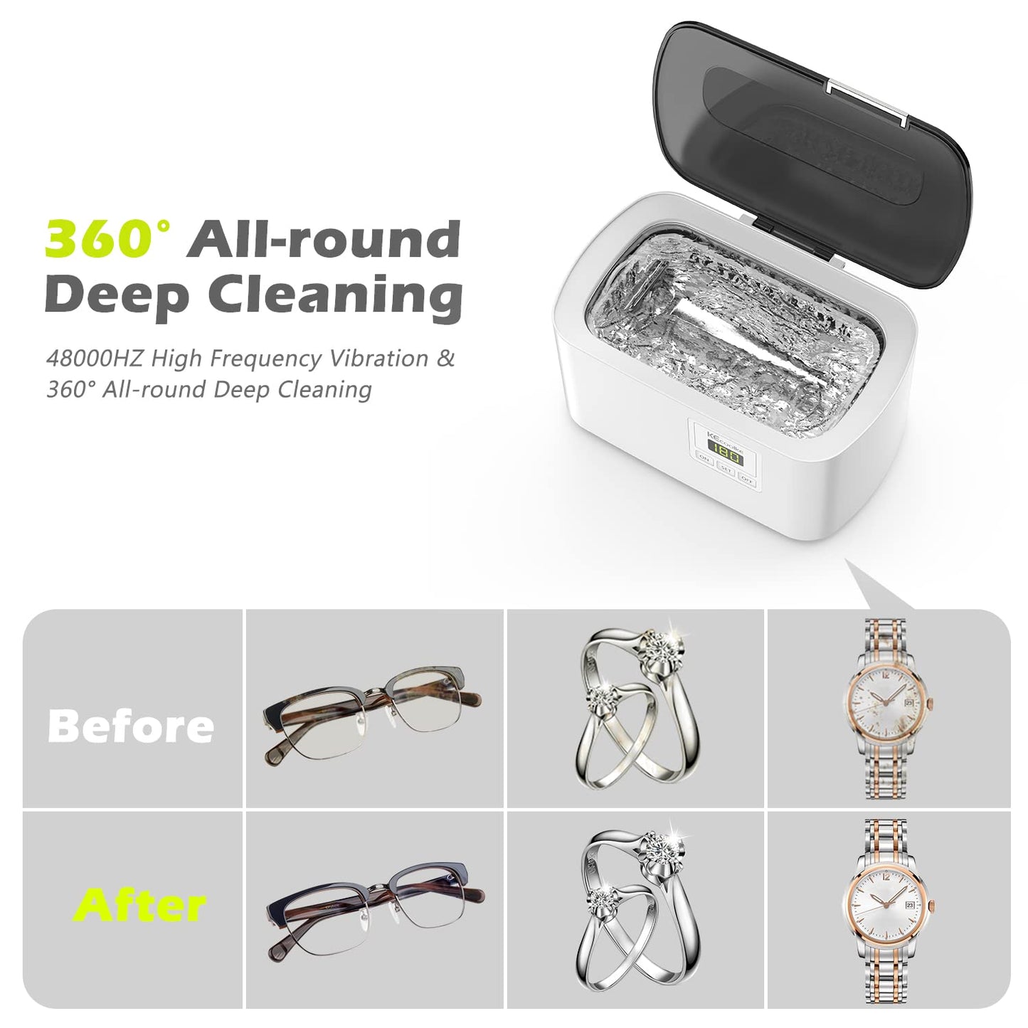 Ultrasonic Jewelry Cleaner, 600ml Sonic Cleaner with Digital Timer for Eyeglasses, Rings, Coins，Silver，Denture Ultrasonic Cleaner Solution for Gifts
